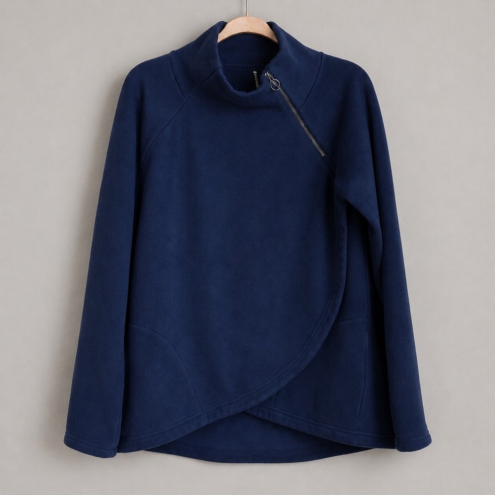 Athleta Cozy Karma Navy Blue Funnel Neck Asymmetrical Pullover Sweatshirt Medium - Picture 12 of 12